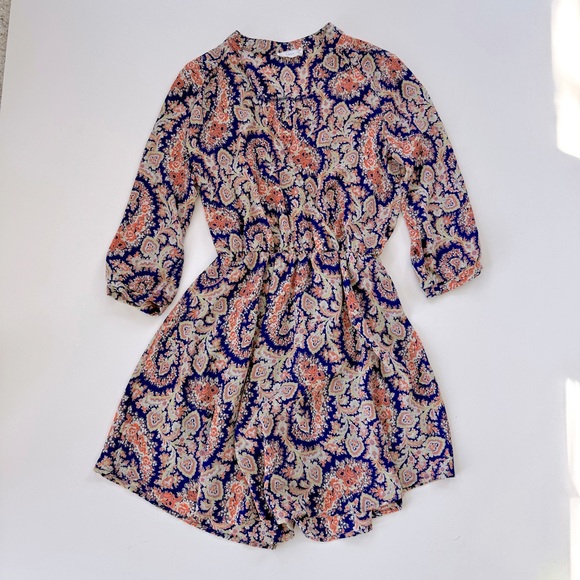 Lush Womens Navy Peach Paisley Print Wrap Mini Dress Flare 3/4 Sleeve Size Small - Picture 1 of 13